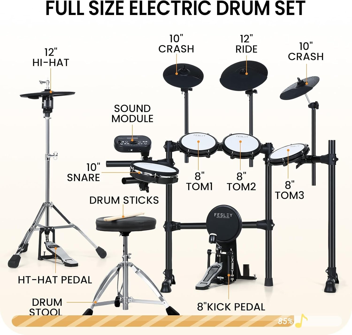 Electric Drum Set, Electronic Drum Set with 4 Quiet Mesh Drum Pads, Independent Hihat and Kick Drum Full Size Adult Drum Set, 3 Cymbals with Choke, 225 Sounds, USB MIDI, Drum Throne, and Sticks