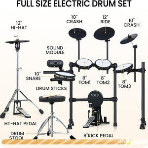 Electric Drum Set, Electronic Drum Set with 4 Quiet Mesh Drum Pads, Independent Hihat and Kick Drum Full Size Adult Drum Set, 3 Cymbals with Choke, 225 Sounds, USB MIDI, Drum Throne, and Sticks