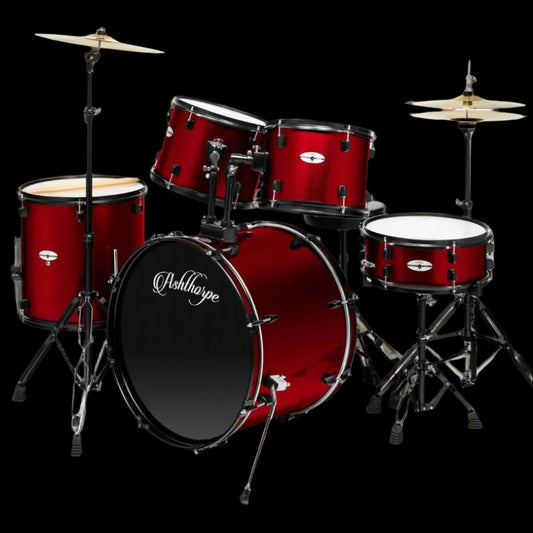 5-Piece Complete Full Size Adult Drum Set with Remo Batter Heads - Red