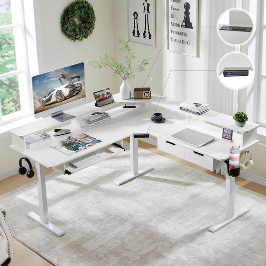 60" L-Shaped Electric Standing Desk - Adjustable Corner Gaming Desk with Drawers, Keyboard Tray, Power Outlets, LED Lights & Monitor Shelf in Antique White