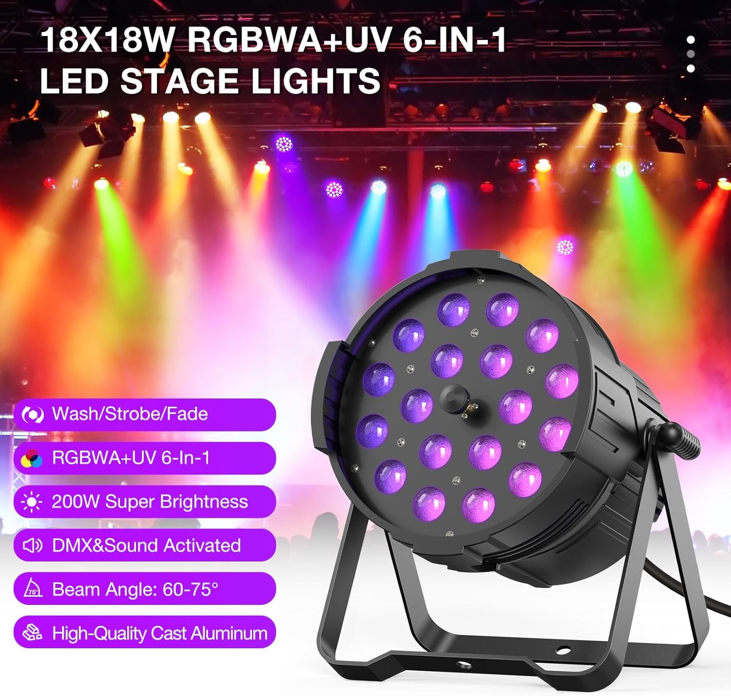 LED Zoom Par Light 18X18W RGBWA+UV 6-In-1 Stage Light, High Power Professional Wash DJ Light DMX Sound Activated Uplights for Events Christmas Party Wedding Church Bar-1 Pack