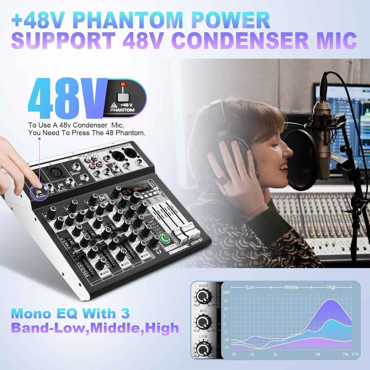 4 Channel Audio Interfacer DJ Mixer Sound Board 16-Bit DSP Effect USB Audio Mixer Effects +48V Phantom Bluetooth for Karaoke Studio Streaming Recording,Live Streaming